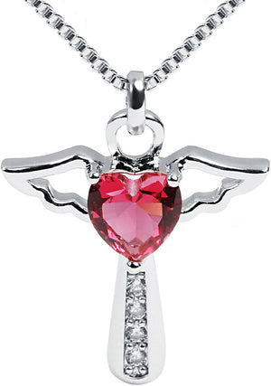 Angel Birthstone Necklaces Heart Cross Necklace for Women Cubic Zirconia Angel Wing Birthstone Heart Charm Pendant Necklace Gifts for Valentine,Birthday