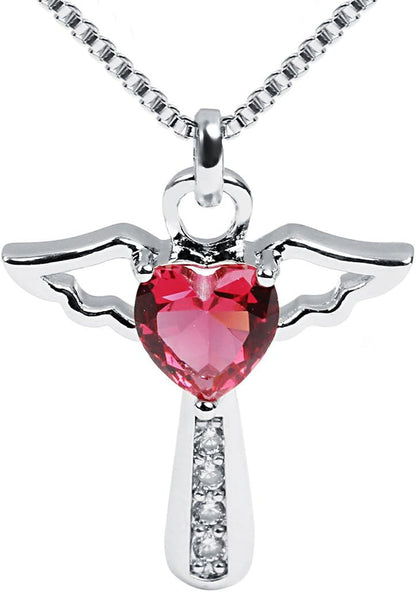 Angel Birthstone Necklaces Heart Cross Necklace for Women Cubic Zirconia Angel Wing Birthstone Heart Charm Pendant Necklace Gifts for Valentine,Birthday