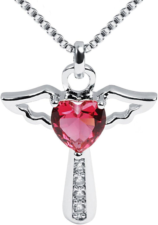 Angel Birthstone Necklaces Heart Cross Necklace for Women Cubic Zirconia Angel Wing Birthstone Heart Charm Pendant Necklace Gifts for Valentine,Birthday