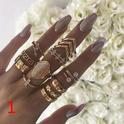 10Style Retro Beauty Avatar Coin Cross Ring Set Pattern Love Fatima Palm Ring Set for Women