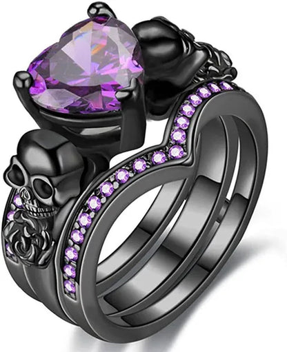 Gothic Skull Black Rings Set Women Rose Flower Red Purple Heart Love Zircon Crystal Christmas Anniversary Jewelry