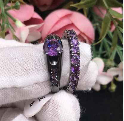 3PCS Amethyst Couple Rings 18K Black Gold Plated Womens Wedding Rings Sets and 8Mm Titanium Steel Men Engagement Promise Band Party Ring
