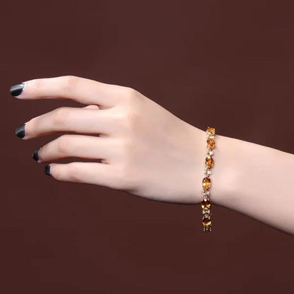 Simple 18K Golden Plated Copper Oval Citrine Jewelry Set Pendant Necklace Four Prong Adjustable Open Ring Micro Inlaid Cubic Zirconia Stud Earrings Flower Zircon Bracelet for Women Gifts Accessories