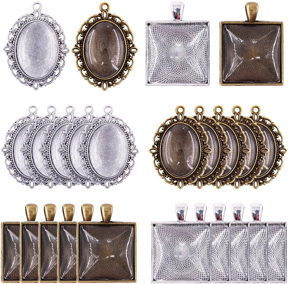 48-Pieces Oval and Square Pendant Trays with Glass Cabochon Dome Tiles Clear Cameo for Crafting DIY Jewelry Making, 24 Sets