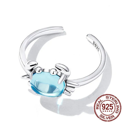 925 Sterling Silver Cute Crab Open Ring in Sterling Silver Delicate Blue Zircon Ring for Women Fashion Jewelry