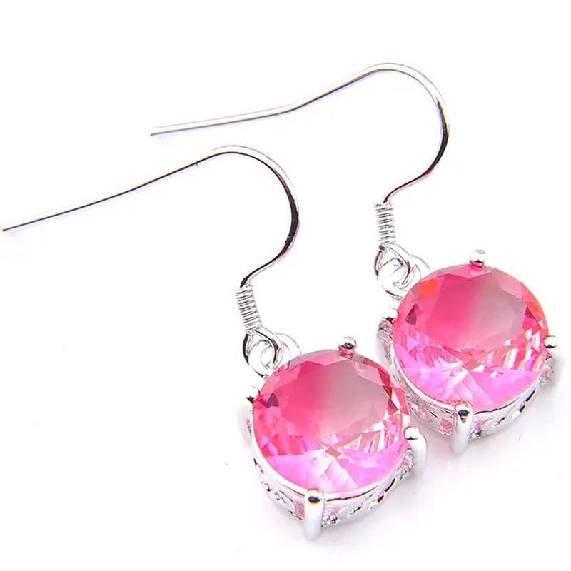 Classic round Pink Bi-Colored Tourmaline Gemstone Silver Dangle Earrings for Women Holiday Gifts