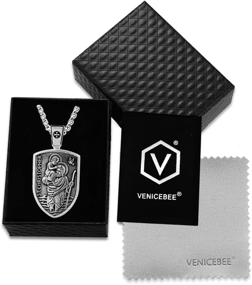 ® Saint Christopher Protect Us Medal St. Christopher Protection Shield Christian Amulet Unique Solid 925 Sterling Silver Pendant Necklace + Velvet Pouch, Polishing Cloth, Gift Box