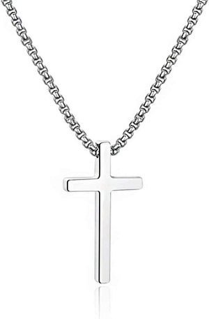 Valentines Gifts for Him Men Teen Boys -Cross Necklace for Men, Silver Black Gold Stainless Steel Plain Cross Pendant Necklace Box Chain 16-30 Inch