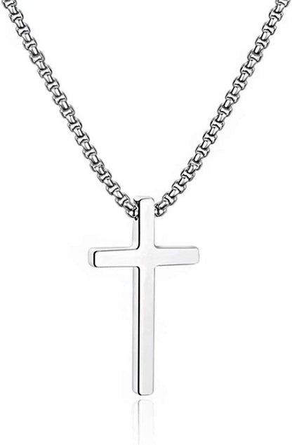 Valentines Gifts for Him Men Teen Boys -Cross Necklace for Men, Silver Black Gold Stainless Steel Plain Cross Pendant Necklace Box Chain 16-30 Inch