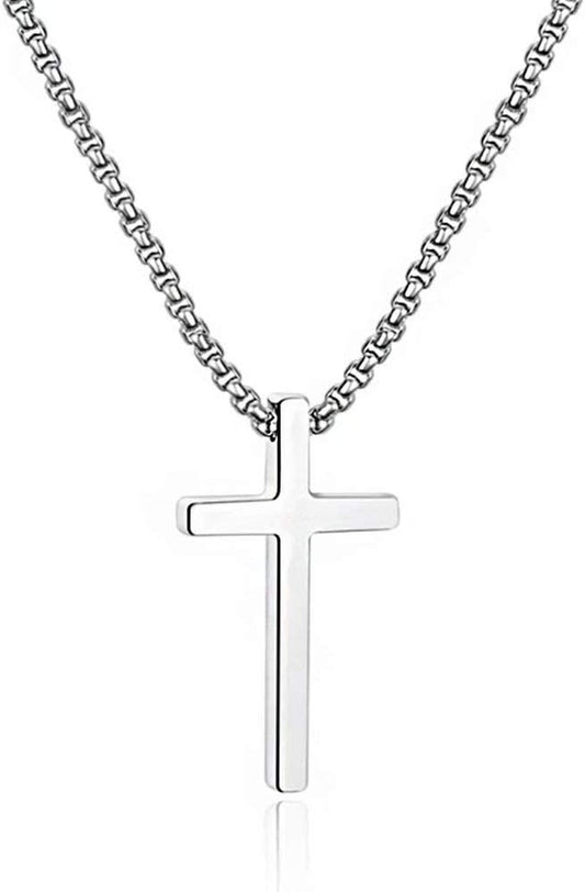 Valentines Gifts for Him Men Teen Boys -Cross Necklace for Men, Silver Black Gold Stainless Steel Plain Cross Pendant Necklace Box Chain 16-30 Inch