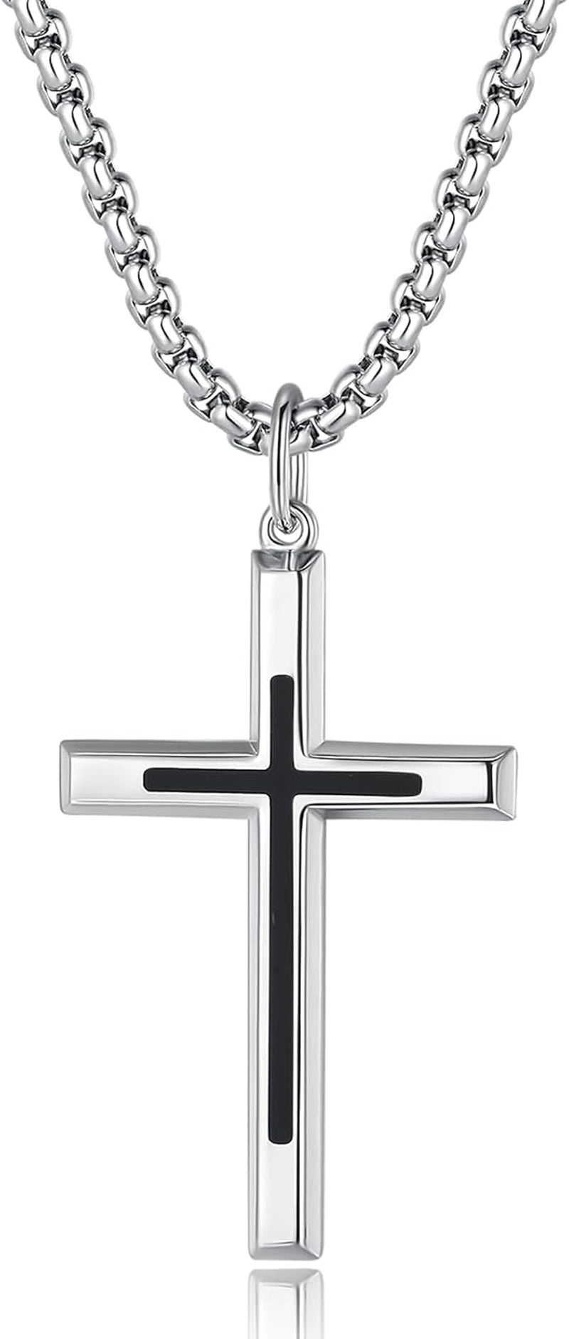 Black Cross Necklaces Sterling Silver Cross Pendant Polished Long Necklace Fine Jewelry Christmas Gift for Men,Stainless Steel Box Chain Length 24''