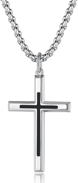 Black Cross Necklaces Sterling Silver Cross Pendant Polished Long Necklace Fine Jewelry Christmas Gift for Men,Stainless Steel Box Chain Length 24''