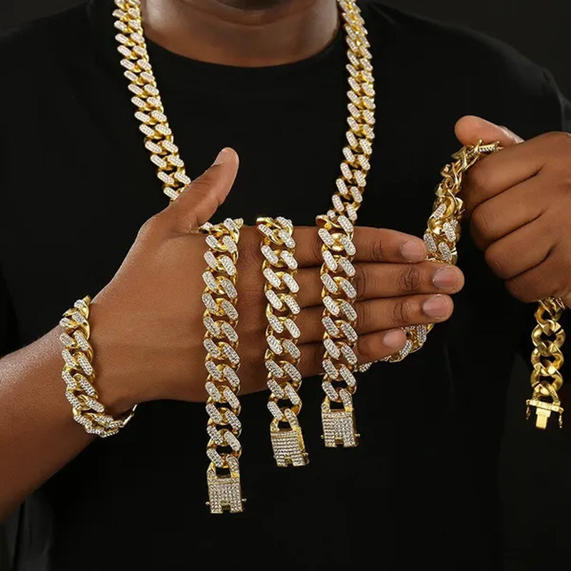 13MM Men's Hip Hop Necklace or Bracelet,Iced Out Bling Rhinestones Miami Cuban Link Chain Necklace Bracelet Set Jewelry Gifts