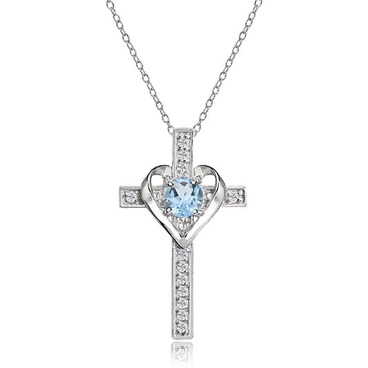 Sterling Silver Blue Topaz and White Topaz Heart Cross Birthstone Pendant Necklace