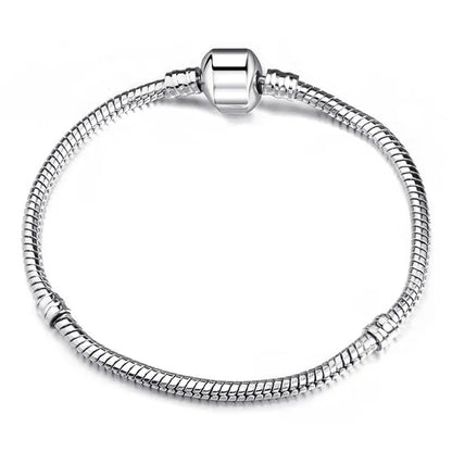 NEW Fashion 925 Sterling Silver White Flashing Double Sided Heart Snake Chain Bracelet for European Bangle Bracelet Jewelery Making DIY