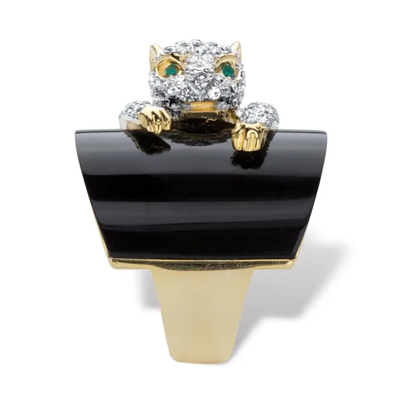 Genuine Black Onyx and Round Crystal Leopard Cocktail Ring with Green Crystal Accents Gold-Plated