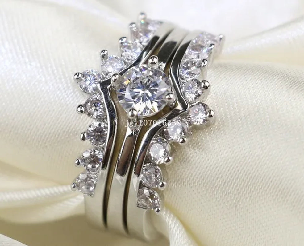 Round 5Mm 1CT CZ Bridal Sets 10KT White Gold Filled Women'S Wedding Ring 3 in 1 Band Gifts Sz 5-10