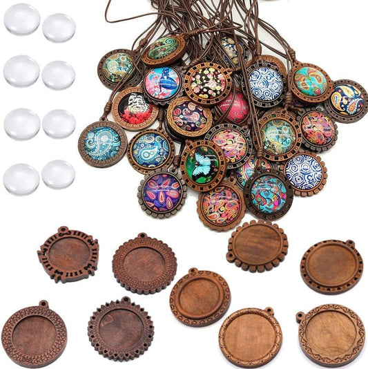 Bezel Pendant Trays round Wooden and Glass Cabochon round Clear Dome for DIY Crafting Photo Jewelry Making