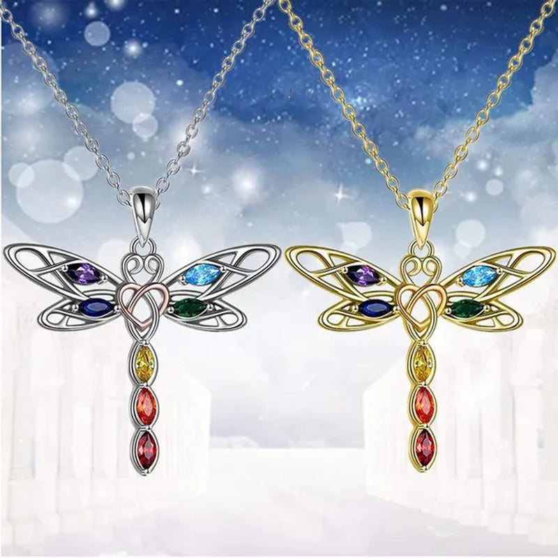 Delicate Colorful Zircon Dragonfly Necklace Insect Dragonfly Wings Pendant Engagement Necklaces for Women Insect Jewelry Creative Dragonfly Accessories Birthday Party Anniversary Gift