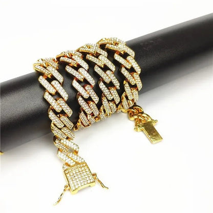 Iced Out Cuban Link Chain Necklace Chain Hip Hop Jewelry Choker Gold Silver Chain for Men Rapper Necklaces Bracelet 8-30 Inch