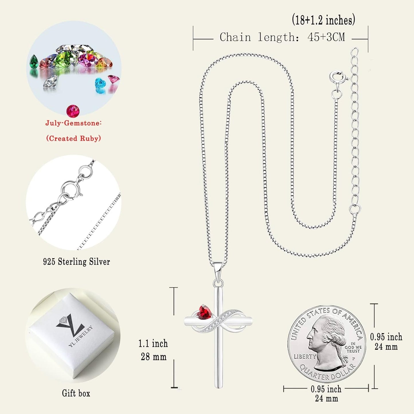 Infinity Cross Necklace Sterling Silver Crucifix Pendant Heart Birthstone Criss Jewelry for Women