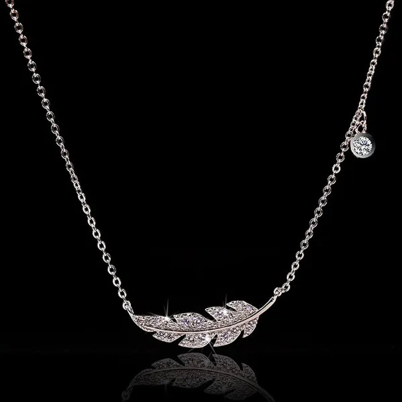 Bohemian Crystal Angel Feather Wing Pendant Necklace Party Jewelry 925 Sterling Silver Clavicle Necklace for Women 18inch Chain