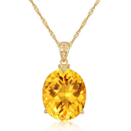 Simple 18K Golden Plated Copper Oval Citrine Jewelry Set Pendant Necklace Four Prong Adjustable Open Ring Micro Inlaid Cubic Zirconia Stud Earrings Flower Zircon Bracelet for Women Gifts Accessories