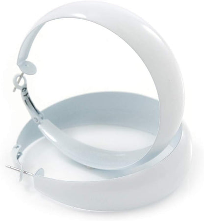 Wide Large White Enamel Hoop Earrings - 55Mm Diameter