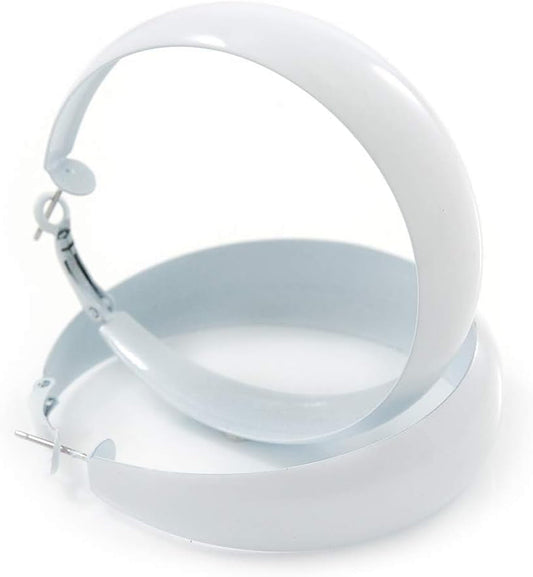 Wide Large White Enamel Hoop Earrings - 55Mm Diameter
