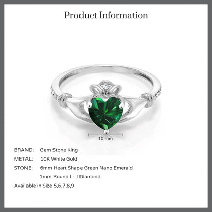 10K White Gold Green Simulated Emerald and White Diamond Irish Celtic Claddagh Ring (0.76 Cttw, Heart Shape 6MM, Available in Size 5, 6, 7, 8, 9)