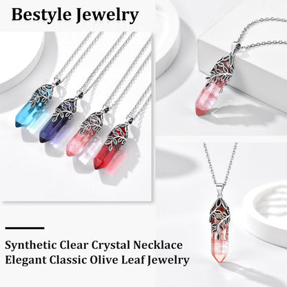 Crystal Necklace Sterling Silver Olive Leaf/Snake Wrap Clear Quartz Birthstone Pendant with Dainty Silver Rolo Chain, 18"+2", Great Birthday Gift for Women Girls