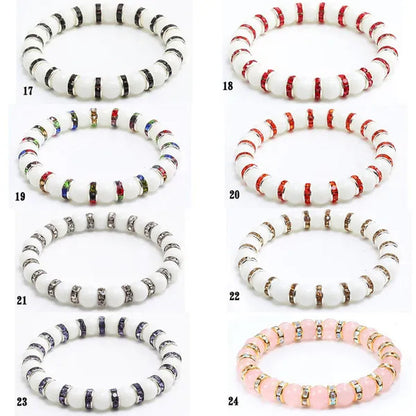 Natural Stone Pink Crystal Quartz &White Porcelain Rhinestones Bracelets & Bangles Charm Powder Beads Strand Bracelet Love Gifts for Women Men Casual Jewelry