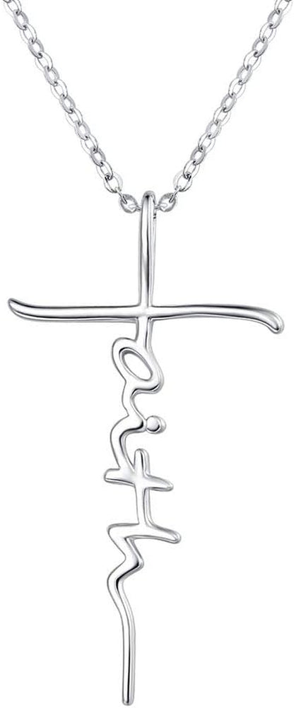 Faith Cross Necklace for Women 925 Sterling Silver Pendant Necklace with Birthstone Initial Christian Religious Confirmation Baptism Gifts