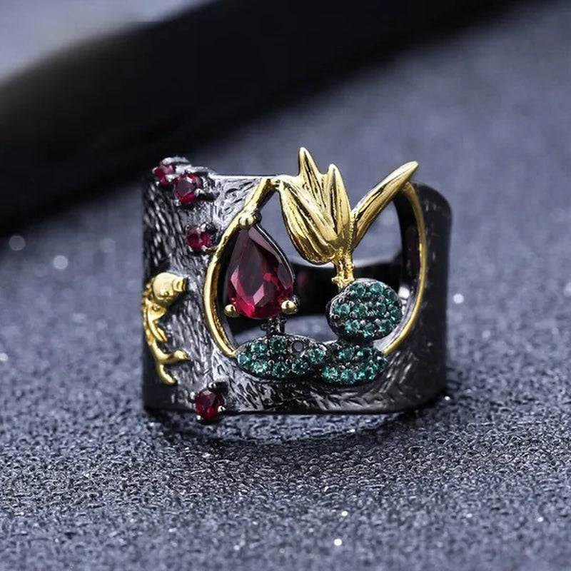 Latest Beautiful Flowers Luxury Vintage Fashion Jewelry Two-Tone Zircon Ruby Cutout Ring Bridal Engagement Wedding Party Anniversary Ring Christmas Mother'S Day Gift Jewelry Size US5-11