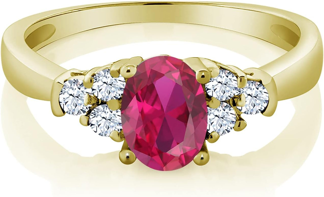18K Yellow Gold Plated Silver Red Created Ruby and White Topaz Women Ring (0.74 Ct Oval, Available in Size 5, 6, 7, 8, 9)