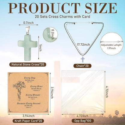 Christian Cross Charms for Jewelry Making Natural Stone Cross Gemstone Pendant Quartz Crystal Charm with Leather Chain and Card for Valentines DIY Necklace Earring Bracelet Gifts