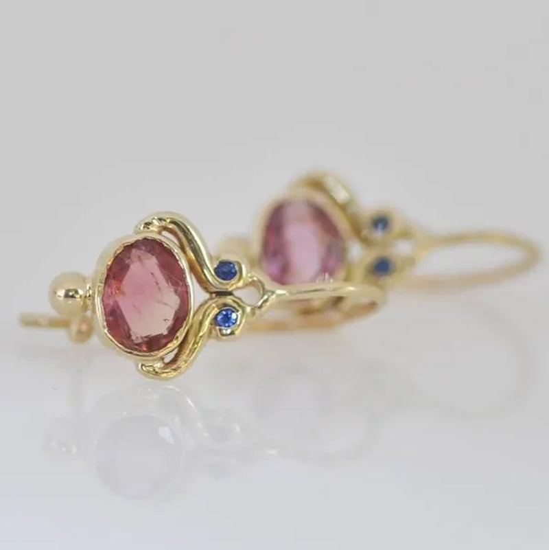 Unique Blue Sapphire Oval Pink Tourmaline Gemstone Dangle Hook Earrings Women Jewelry Gifts