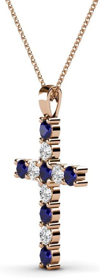 Petite Blue Sapphire & Natural Diamond (SI2-I1,G-H) Cross Pendant 0.34 Ctw 14K Gold. Included 16 Inches 14K Gold Chain.