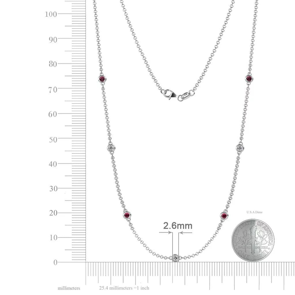 Holiday Offer - 7 Stone Petite Ruby and Lab Grown Diamond Womens Station Necklace (VS2-SI1,G-H) 0.47 Ctw 14K White Gold