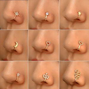 1 PC Crystal Diamond Zircon Star Heart Moon Fake Piercing Nose Ring Copper Spiral Non Piercing Clip on Nose Ring Ear Clips Cuff Fashion Body Jewelry