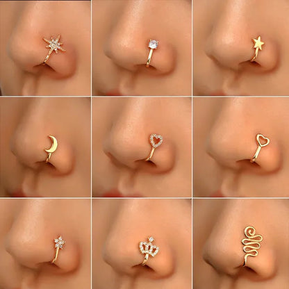 1 PC Crystal Diamond Zircon Star Heart Moon Fake Piercing Nose Ring Copper Spiral Non Piercing Clip on Nose Ring Ear Clips Cuff Fashion Body Jewelry
