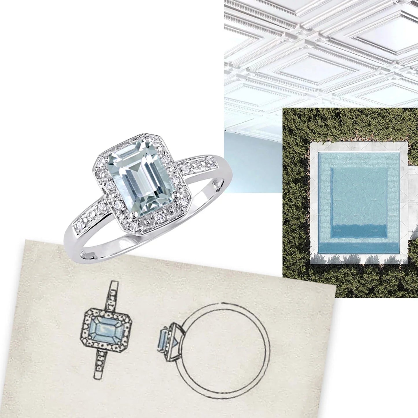 Women'S 1CT T.G.W. Emerald-Cut Aquamarine Diamond Accent 10Kt White Gold Vintage Halo Ring