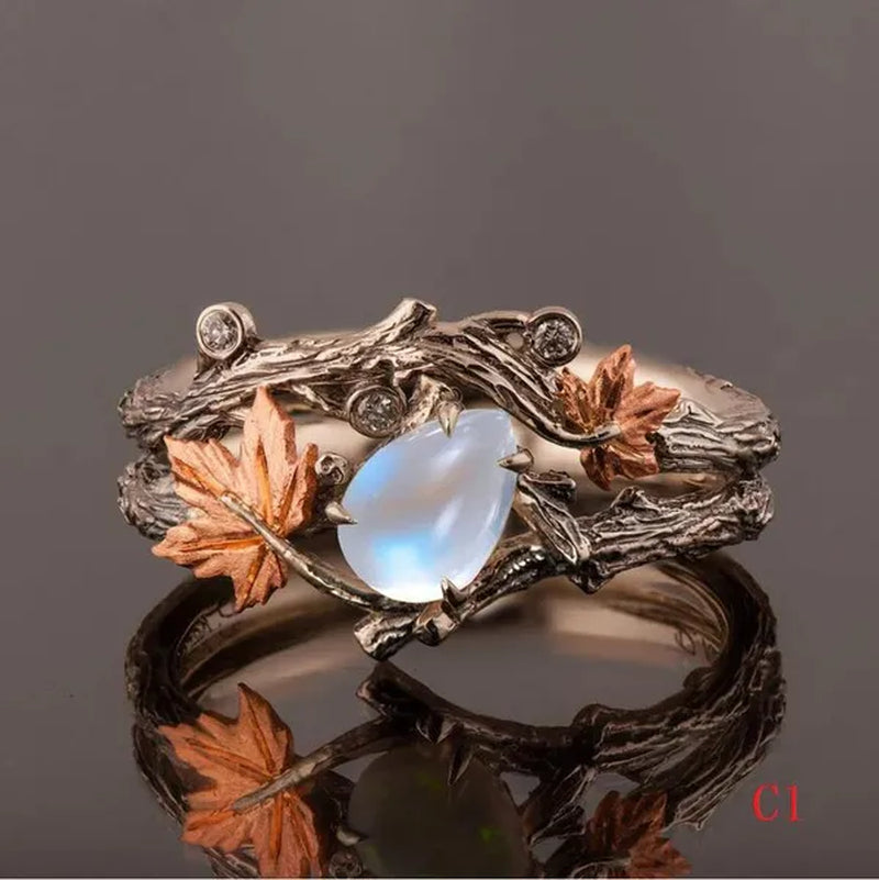 Vintage Maple Leaves & Flower Ring Set Antique Silver Women's Fashion Twig Leaf Opal & Moonstone Ring Anniversary Gift Engagement Bridal Wedding Jewelry Rings Size 5-10