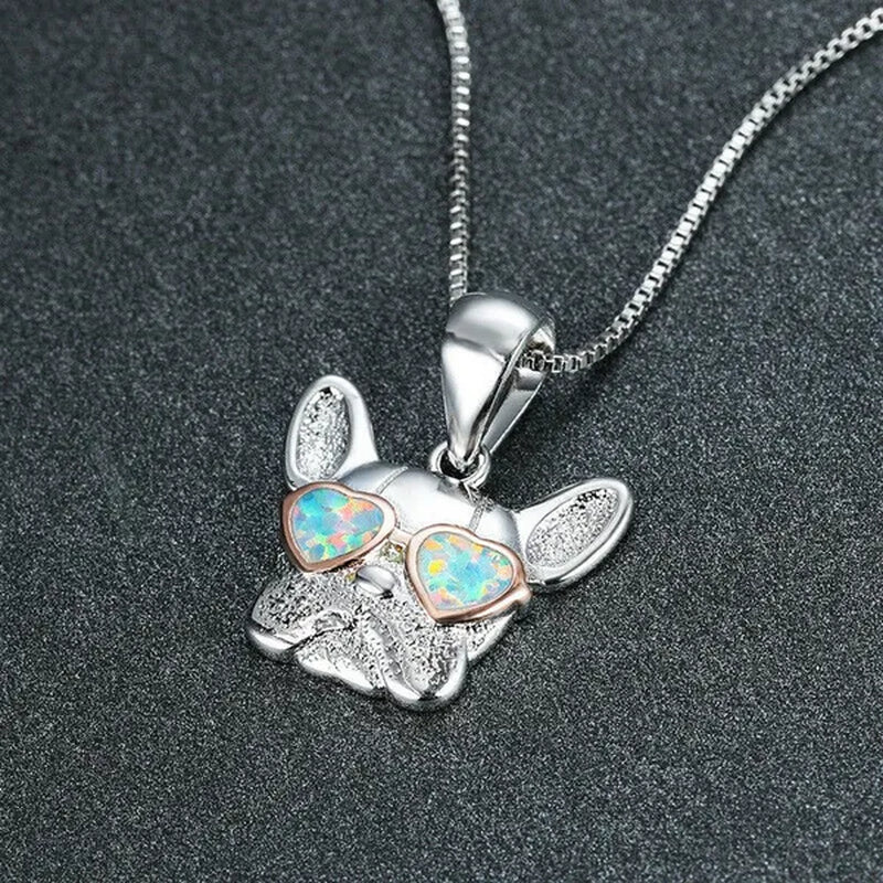 Fashion 925 Silver Plated Cgold Dog Charm White Simulated Opal Pendant Necklace Wedding Jewelry