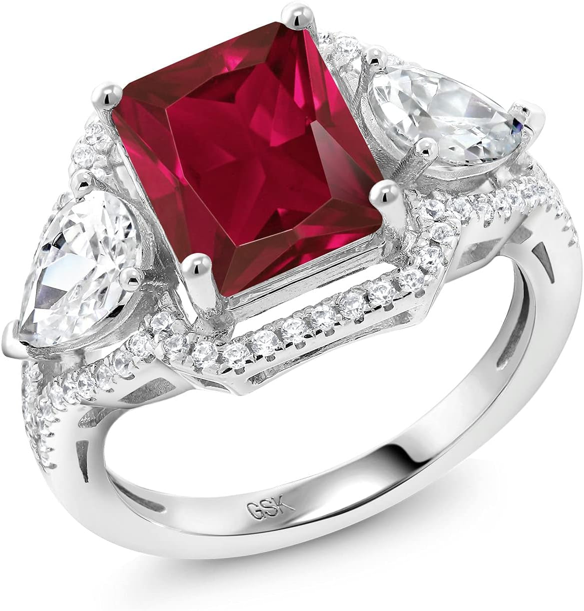 925 Sterling Silver Red Created Ruby Ring for Women (4.59 Cttw, Emerald Cut 10X8MM, Gemstone July Birthstone, Available in Size 5, 6, 7, 8, 9)