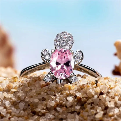 Rainbow Stone Turtle Rings Cute Animal Sea Turtle Ring White Sapphire Diamond Ring Ocean Style Turtle Aquamarine Crystals Rings for Women and Men Birthday Party Anniversary Gift Wedding Engagement Ring Jewelry 14 Colors Size 5-11