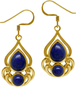 Natural Blue Lapis Lazuli 14K Yellow Gold Plate 925 Sterling Silver Victorian Drop Dangle Hook Earrings