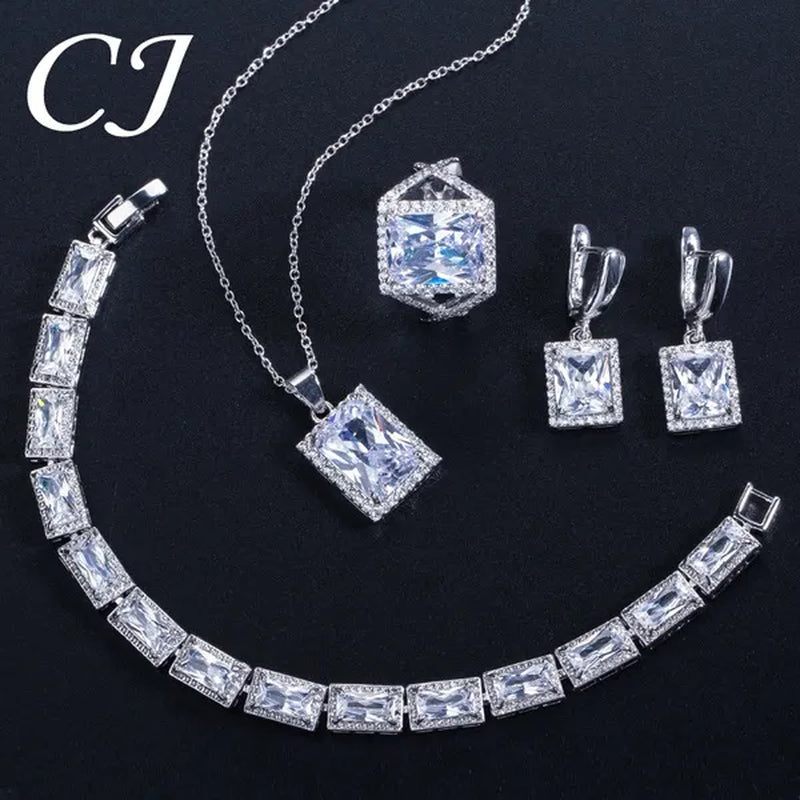 CANDICE Sparkling Princess Cut Clear Crystal Pave Stylish Sterling Silver Necklace Earrings Bracelet and Ring 4 Pcs Wedding Jewelry Set With Tiny CZ Stone