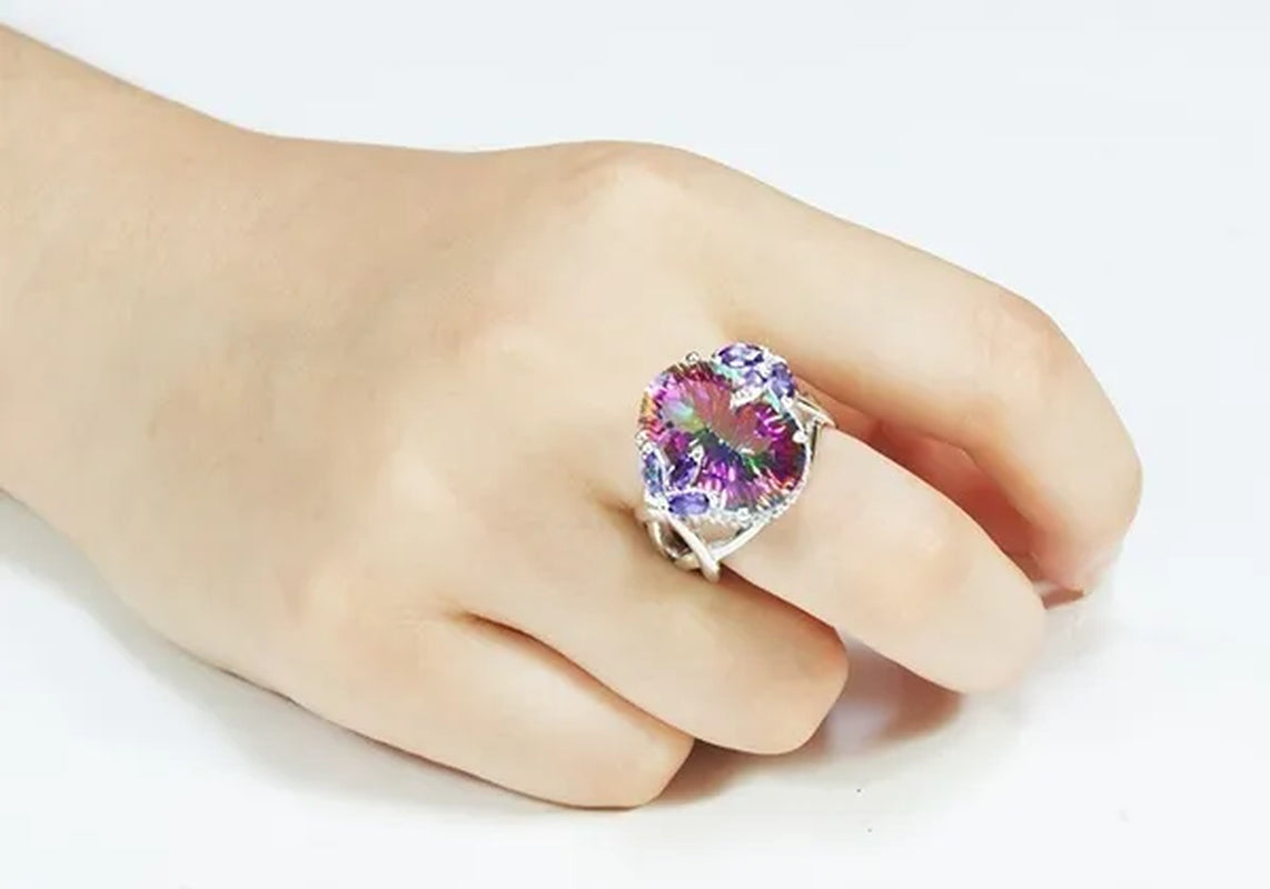 10Ct Concave Mystic Fire Rainbow Topaz Cocktail Ring