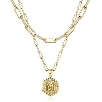 Dainty Layered Initial Necklaces for Women, 14K Gold Plated Paperclip Chain Necklace Simple Cute Hexagon Letter Pendant Initial Choker Necklace Gold Layered Necklaces for Women
